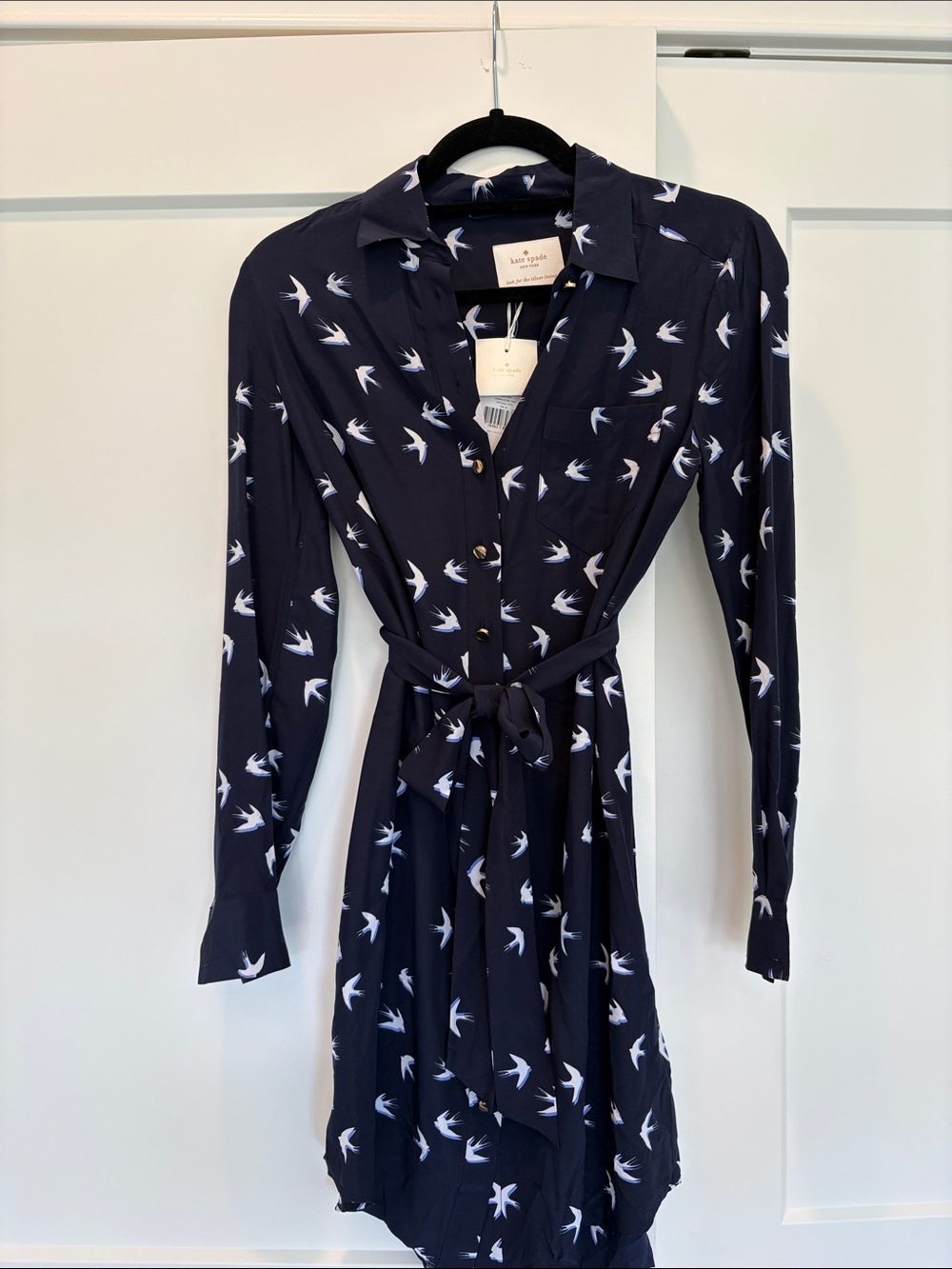 NWT kate spade Winter Swallow navy and white long sleeve shirtdress size XS